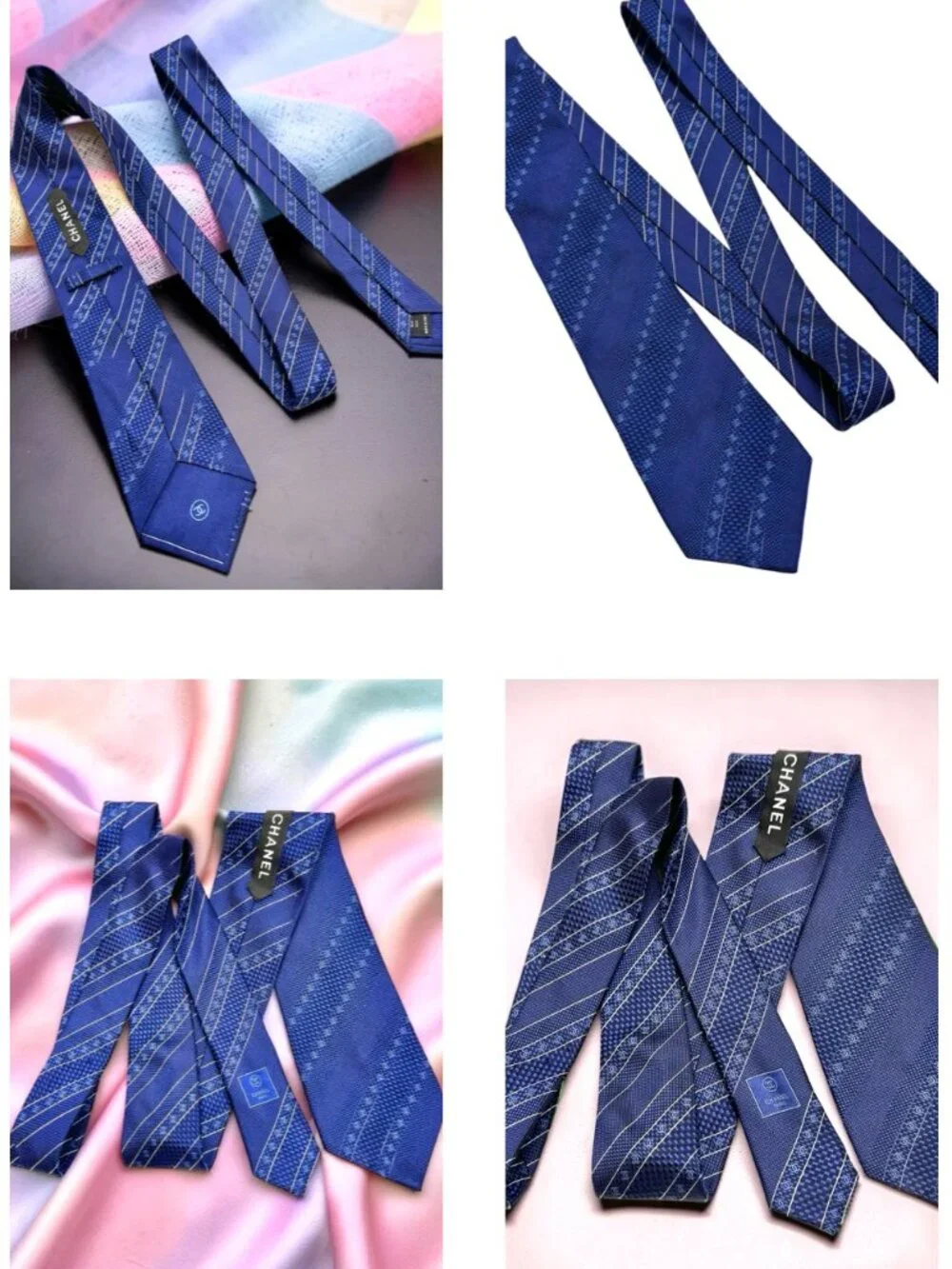 Classic Chanel Paris 100% Silk Necktie Blue Striped Logo Printed Italy Made(2) - Picture 14 of 15